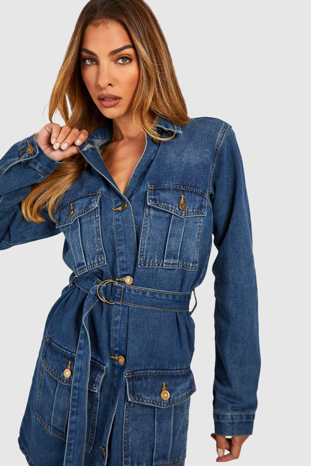 Utility Pocket Belted Denim Mini Shirt Dress